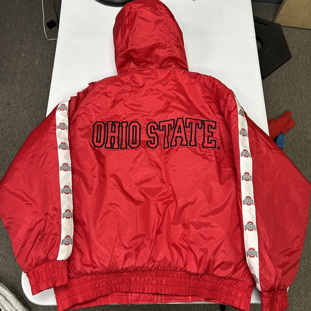 Fans Gear Ohio State Puffer Jacket Mens Large Red Hooded Embroidered Logo Tape
